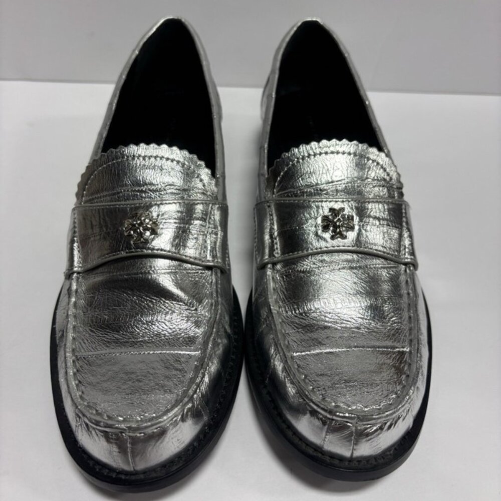 Tory Burch Silver Metallic Penny Loafers
